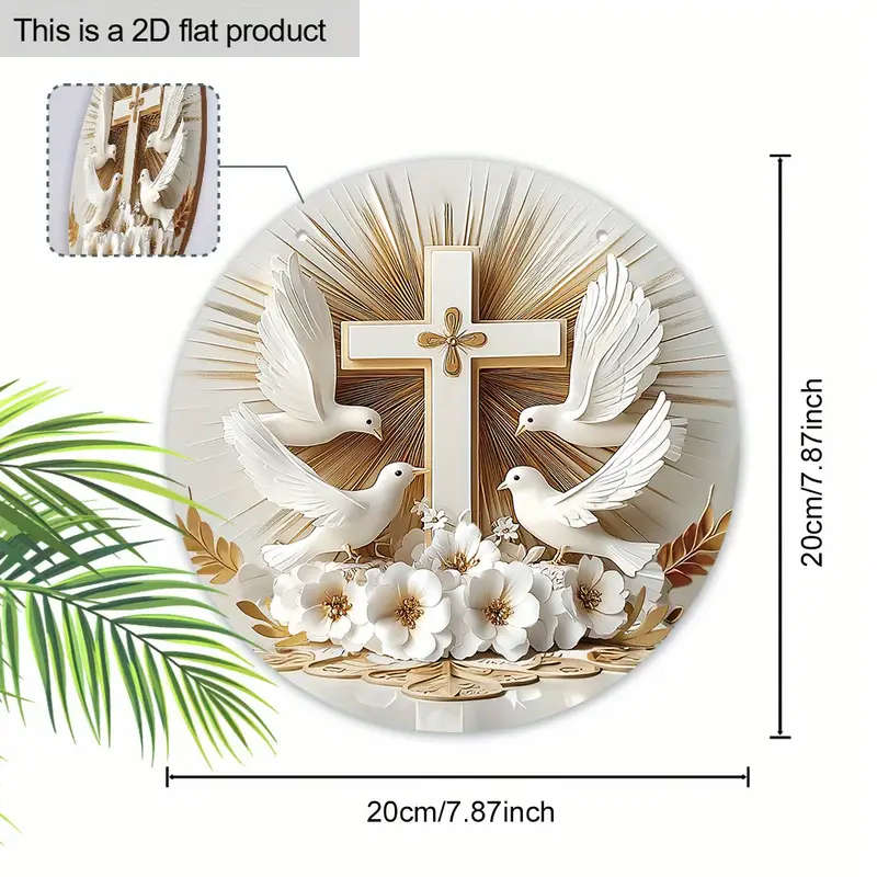 1pc Rustic Wooden Cross and Dove Wreath Sign 19.99cmx19.99cm Round Religious Wall Decor with Hanging