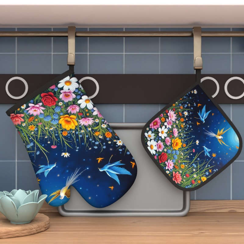 2pcs Set Colorful Floral Bird Design Polyester Oven Mitts and Potholders Heat Resistant Mac