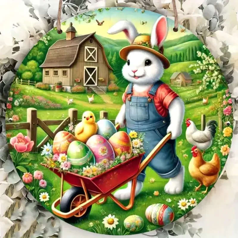 1pc Easter Bunny Delivery Theme Round Wooden Sign 2D Flat Printed Wall Hanging Plaque for Home Kitch