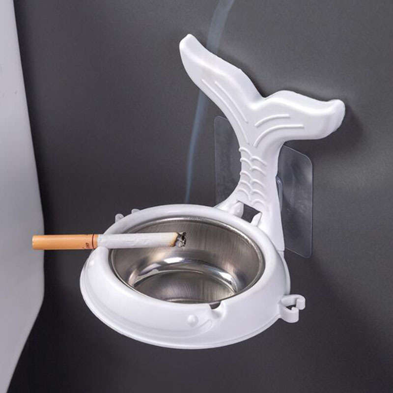 1pc Stainless Steel Fish-Shaped Wall-Mounted Ashtray with Cigarette Holder Waterproof No-Drill I
