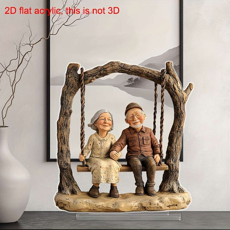 1pc 2D Flat  Acrylic  Acrylic Elderly Couple on Swing Decorative Statue Bohemian Style Tab