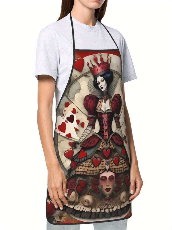 1pc Vintage-Inspired Playing Card Queen Kitchen Apron Polyester Red and White Adjustable Ties