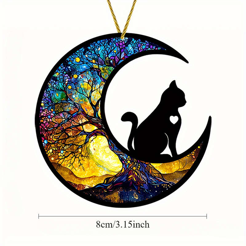 1pc 2D Flat  Stained Glass Style Cat Moon Acrylic Sun Catcher Vibrant Bohemian Window Hanging wit
