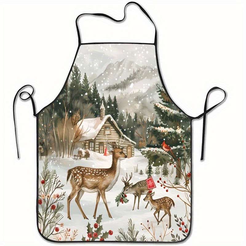 1pc Winter Scene with Deer And Cabin Printed Sleeveless Polyester Apron for Home Kitchen Bak