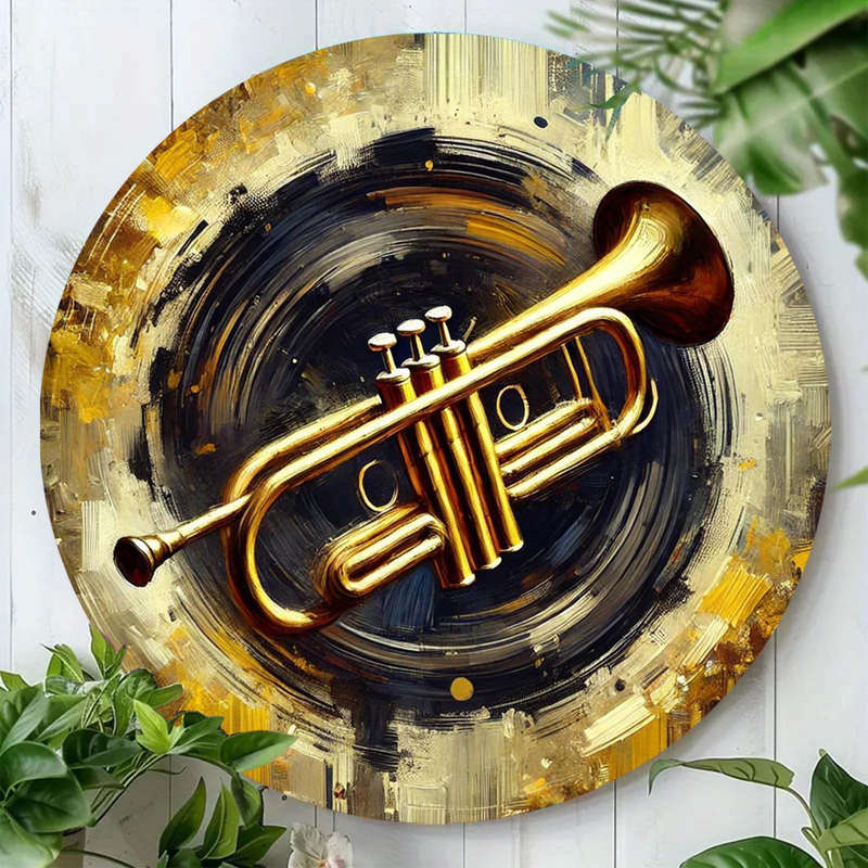 1pc  Jazz Trumpet Foil Art Round Sign 19.81cm Aluminum Wall Decor Aesthetic Music Themed Poste