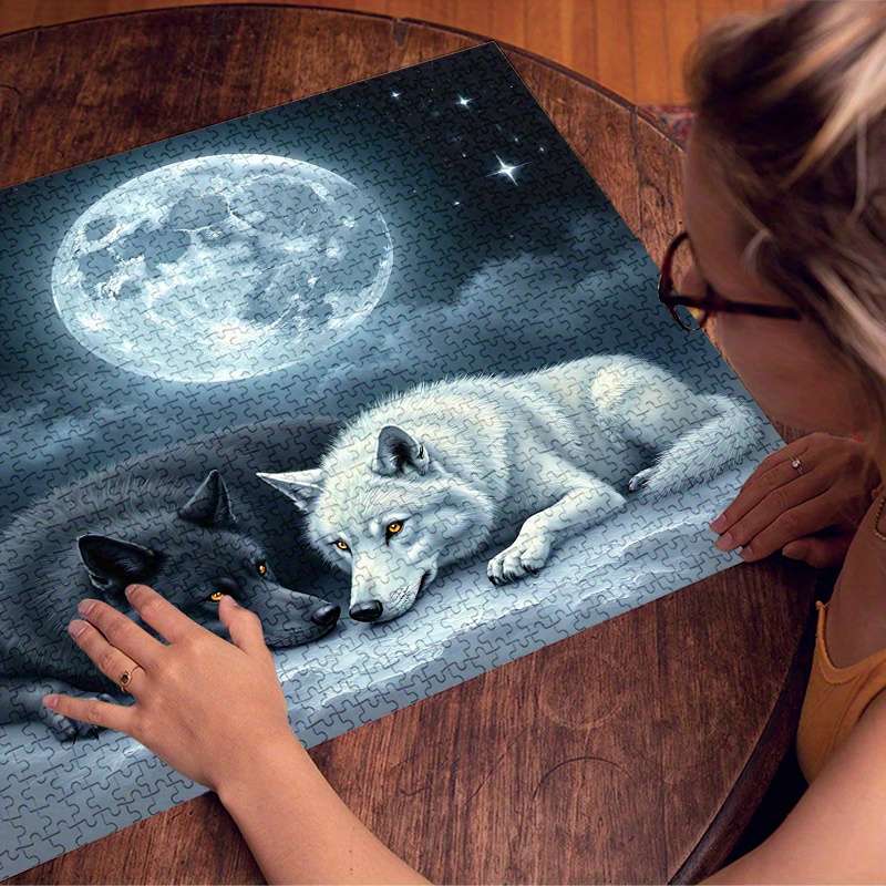 1000pcs Black White Wolves Under the Moon Jigsaw Puzzle Large Waterproof Paper P