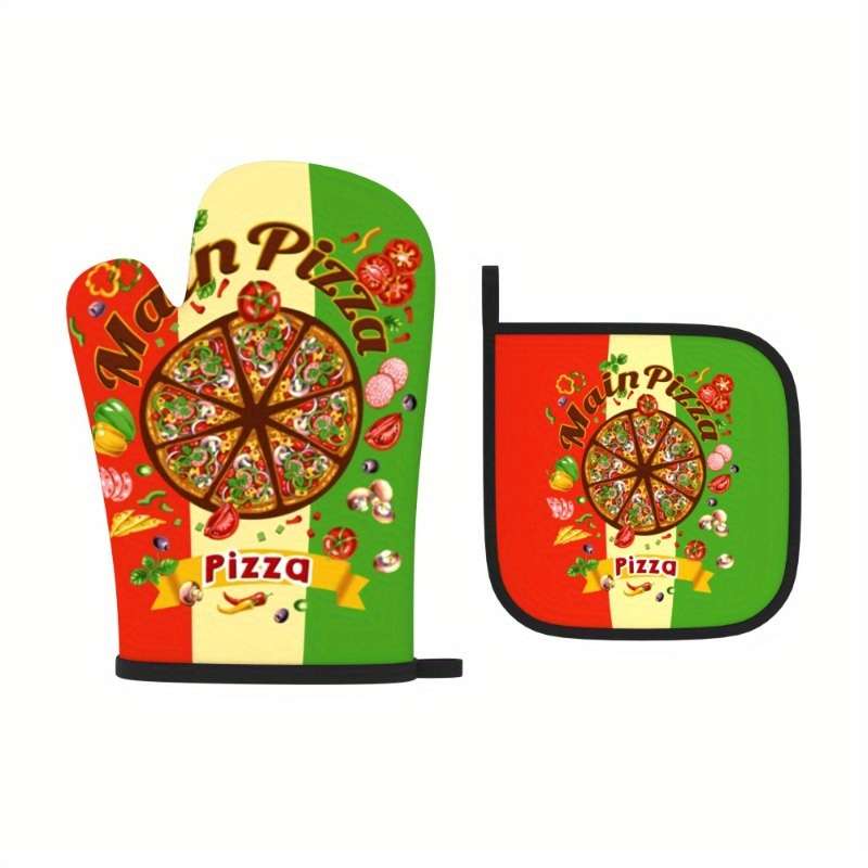 2pcs Colorful Pizza Slice Oven Mitts Pot Holders Heat Resistant Machine Washable Polyester