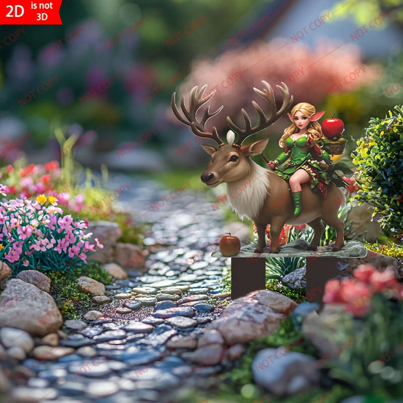 1pc 2D Flat  Farmhouse Style  Garden Lawn Ornament Girl Riding Deer with Apples Durable P