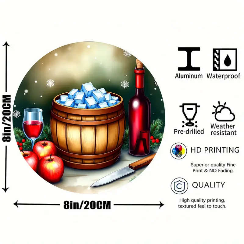 1pc Festive 20.32x20.32cm Round Aluminum Wreath Sign with Wooden Barrel Ice Design Perfect for Holid
