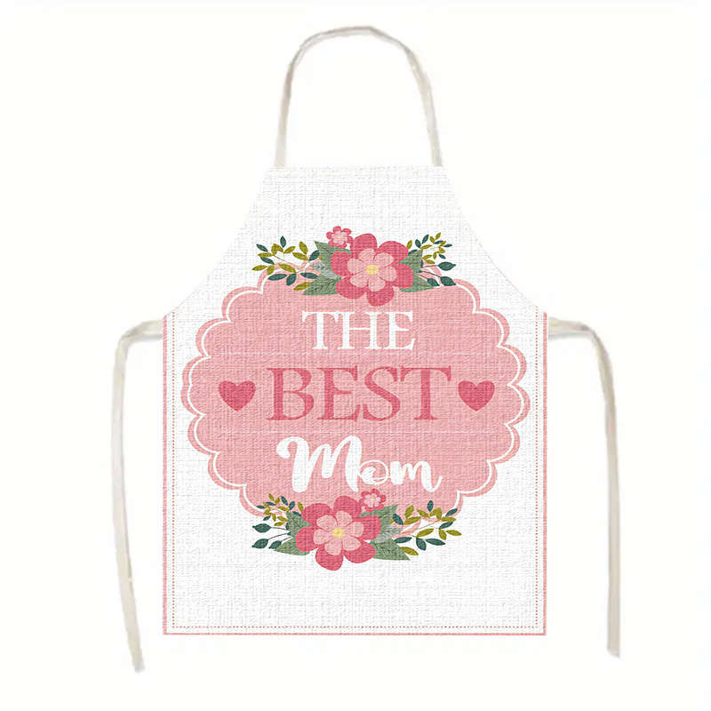 1pc Mother'S Day Apron Polyester Woven Adjustable Neck Floral "The Best Mom" Design Perfec
