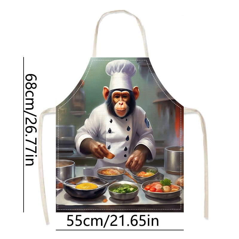 1pc Creative Monkey Chef Pattern Apron Adjustable Straps Durable Polyester Kitchen Cooking Bi