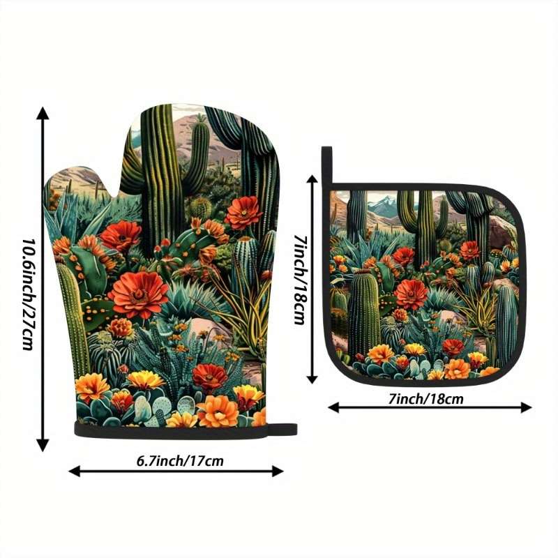 2pcs Vibrant Cactus and Floral Heat-Resistant Oven Mitts 26.92x17.02 cm Polyester Machine W