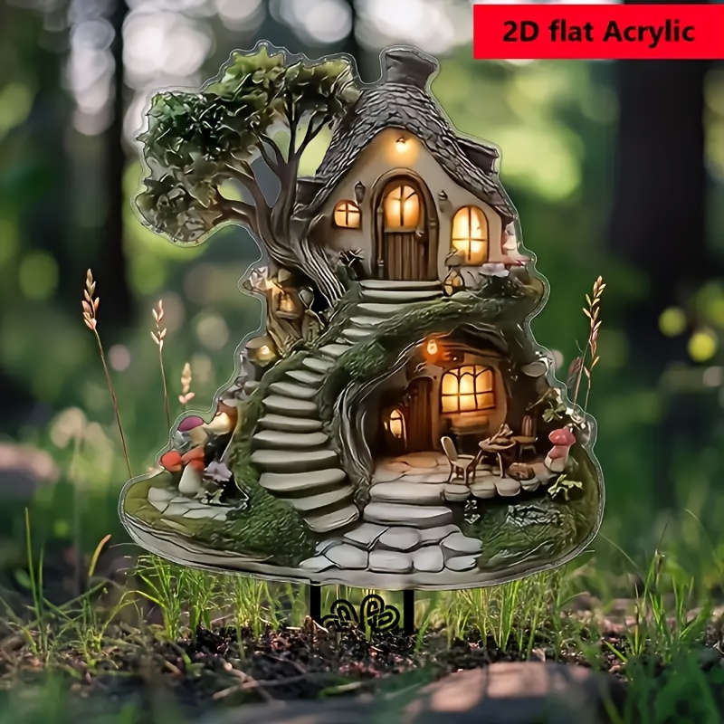 1pc 2D Flat  Glimm-Style Crystal Fairy Tree House Garden Plate Enchanting Lawn Ornament with Ston