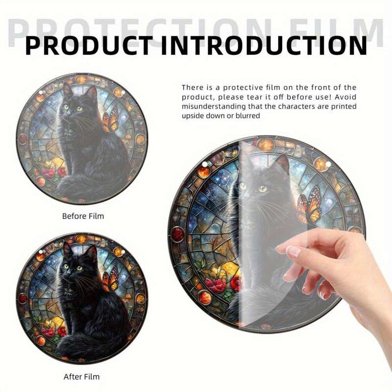 1pc 2D Flat   1 mysterious black cat theme  sun catcher acrylic round wreath logo retro