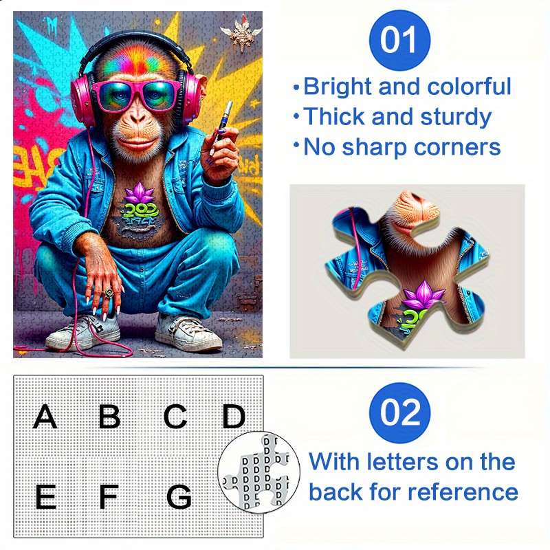 1000pcs Jigsaw Puzzle Trendy Monkey with Headphones Vibrant Graffiti Art Advanced