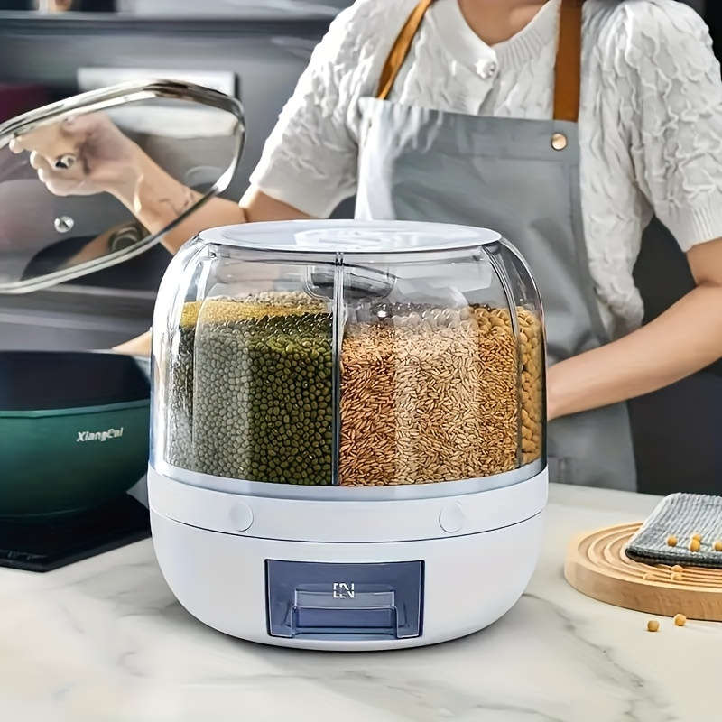 6-Compartment Rotating Rice Bucket with Transparent Lid Large Capacity Grain Storage Containe