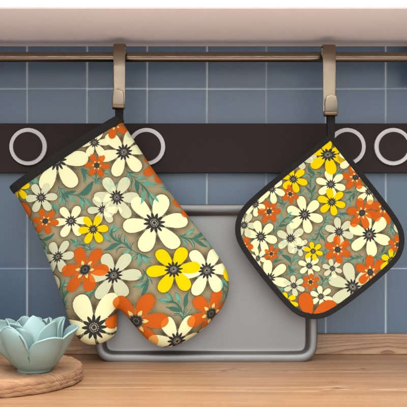 2pcs Floral Heat-Resistant Oven Mitts Potholders Watercolor White Yellow Red Flowers wit