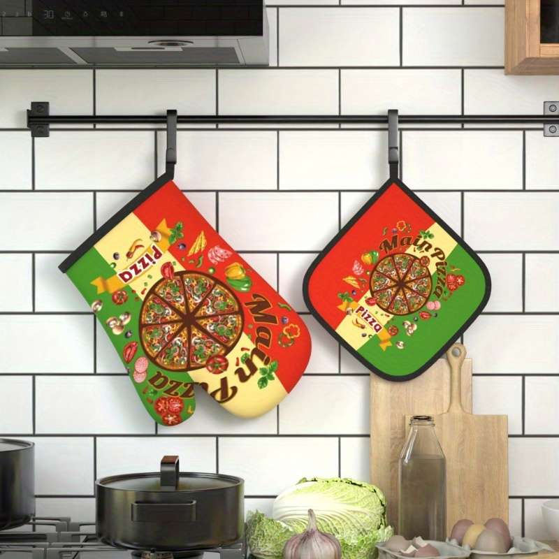 2pcs Colorful Pizza Slice Oven Mitts Pot Holders Heat Resistant Machine Washable Polyester