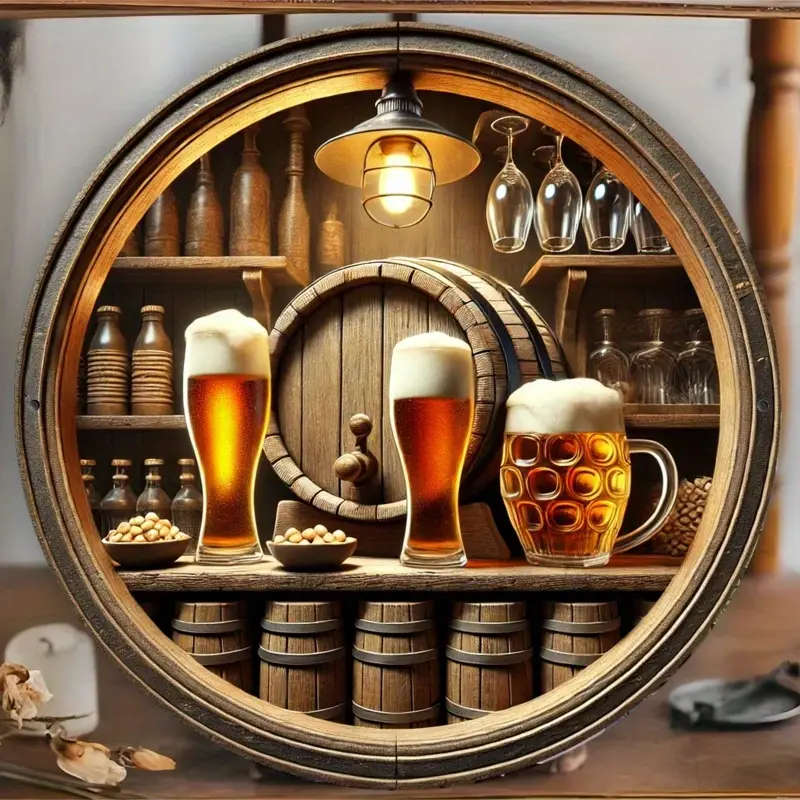 1pc Room Decor 1pc Vintage Beer Barrel Round Aluminum Sign Rustic Metal Wall Art with Foam Beer Bar