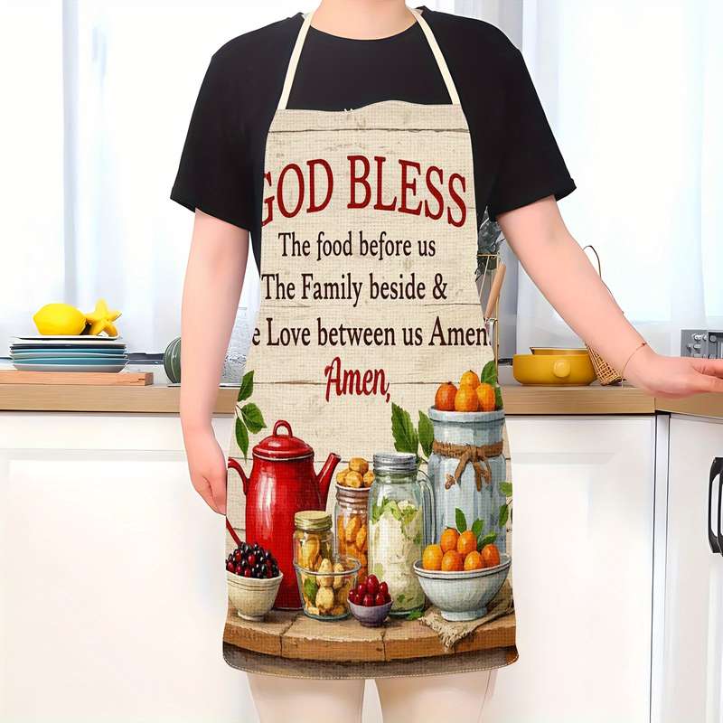 1pc Linen Kitchen Apron with Vintage Food Print "God Bless Our Family" Design Easy-Clean Co