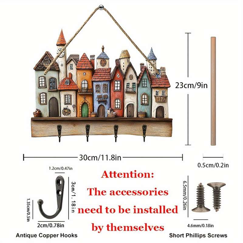 2D Flat Wooden TownhouseHome Wooden Key Holder 29.97 cm x 22.86 cm with Four Metal HooksMultif