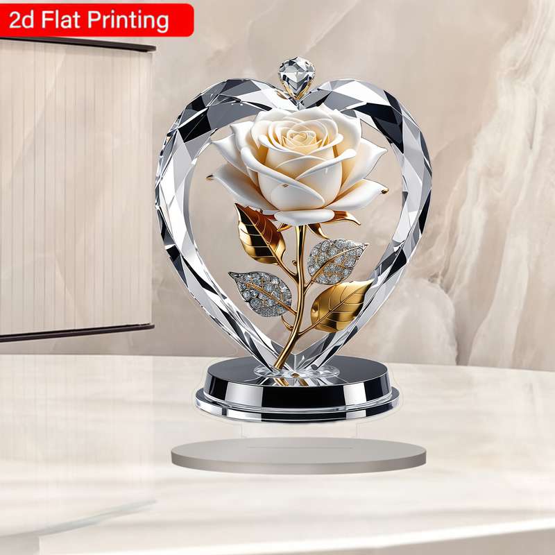 1pc 2D Flat   Acrylic Heart-Shaped White Rose with Golden Leaves Stems Elegant Home Decor for