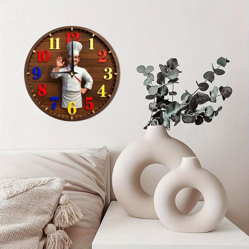 1pc Charming Vintage Chef-Themed Silent Wooden Wall Clock Rustic Farmhouse Decor 24.89cm Round