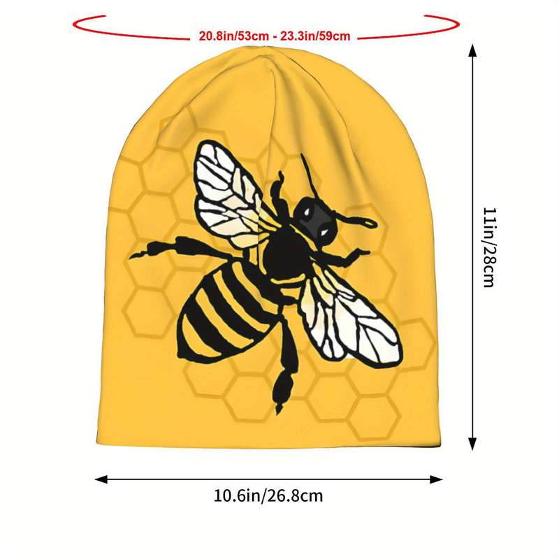 1pc 1 Mustard Yellow Bee-Themed Knit Skull Cap for Men Fashionable Stretchy Polyester Blend Bon