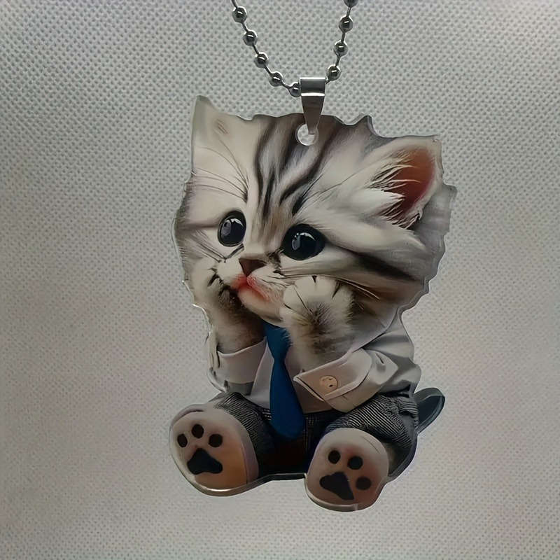 1pc 2D Flat  Adorable Shy Cat Acrylic Hanging Ornament Collectible Feline Memorial with Blue Shirt