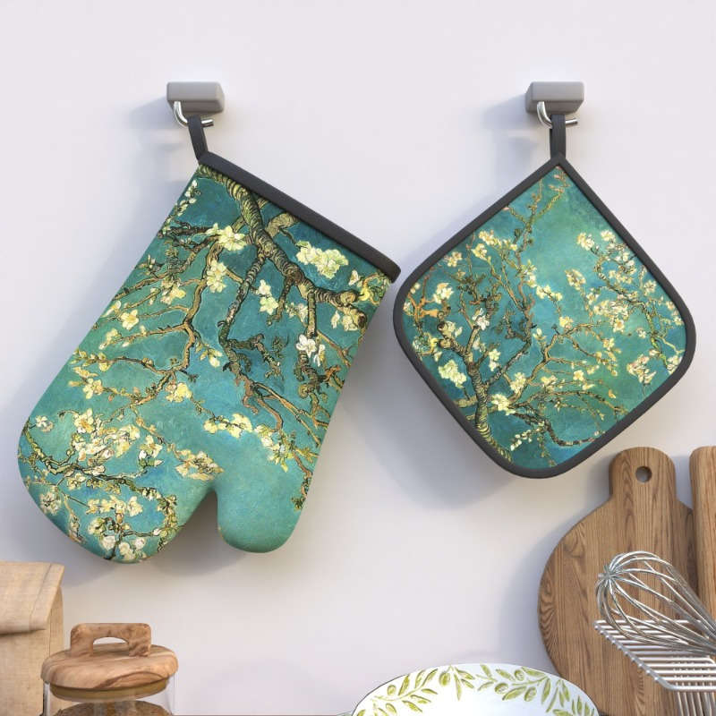 2pcs Blooming Almond Tree Branches Oven Mitt Set Heat Resistant Polyester Kitchen Gloves and P