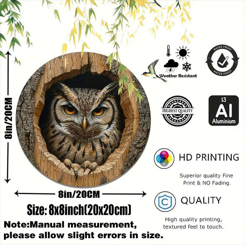 1pc Retro Owl-Themed Aluminum Wall Art 20.32x20.32cm Round Metal Sign Multi-Use Decor for Home Offic