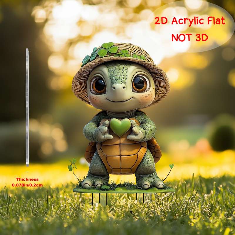 1pc 2D Flat    PrintingCute  Acrylic Turtle Garden Stake with Four Leaf Clover Vivi