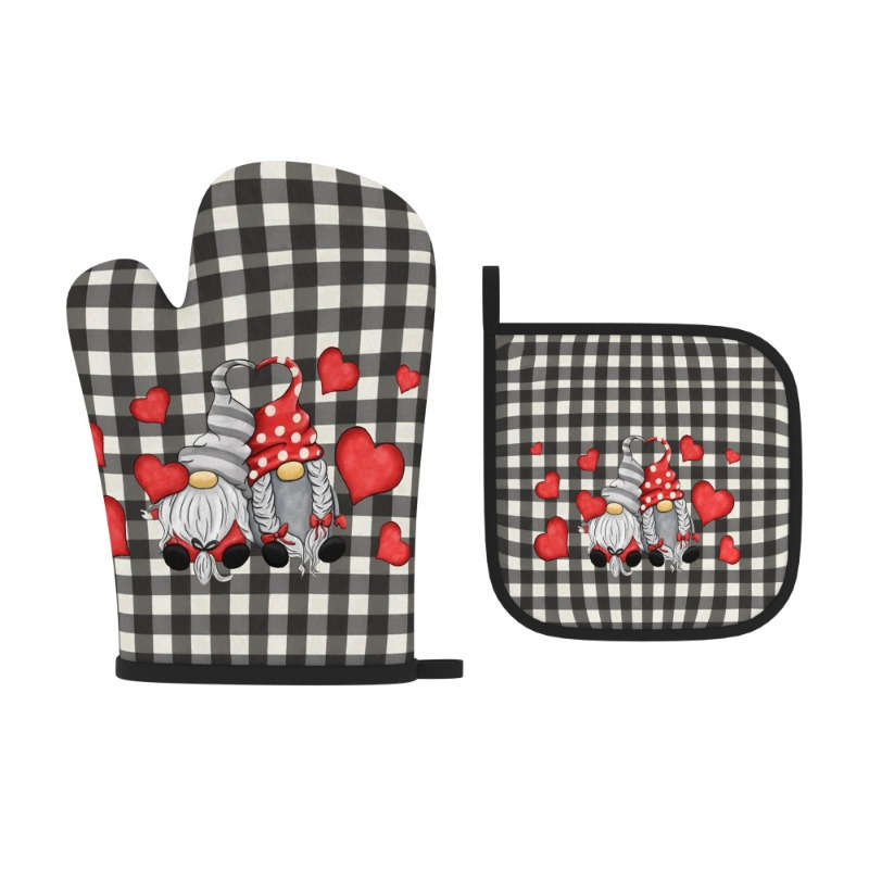 2pcs Valentine's Day Oven Mitts Potholders Heat-Resistant Black White Checkered with Red