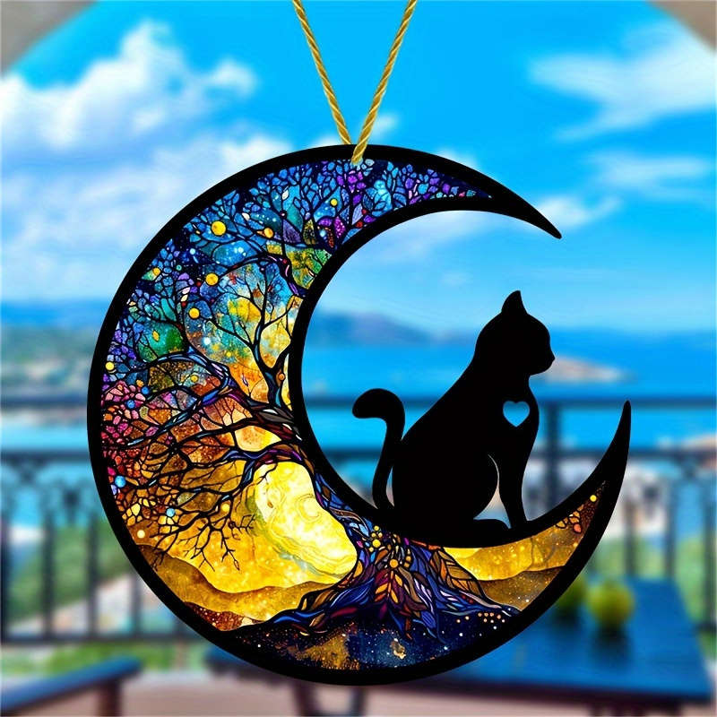 1pc 2D Flat  Stained Glass Style Cat Moon Acrylic Sun Catcher Vibrant Bohemian Window Hanging wit