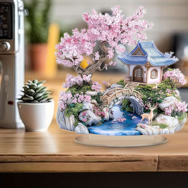 1pc 2D Flat  Bohemian Style Acrylic Cherry Blossom Tree Sculpture  Crystal Landscape Display wit