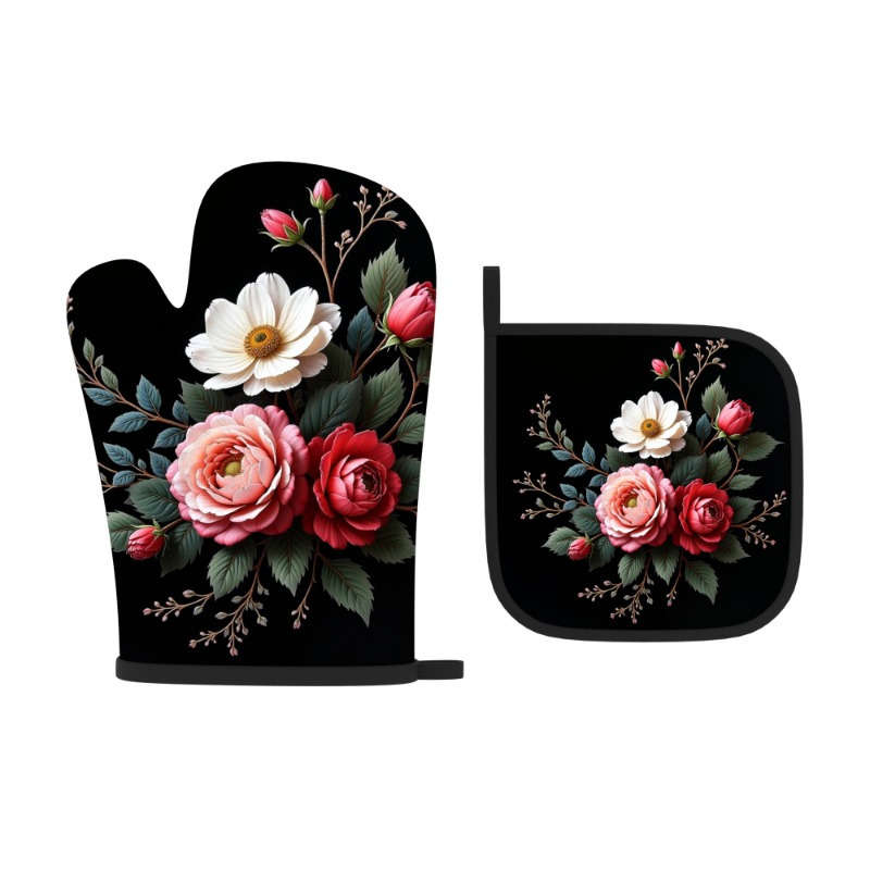 2pcs Floral Heat-Resistant Oven Mitts Potholders Spring Flowers Leaves Design 26.92x17.0