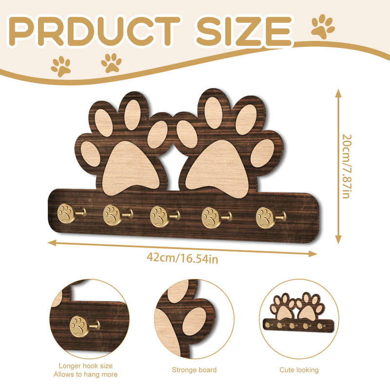 1pc Farmhouse Wooden Dog Paw Key Holder Wall MountRustic Dark Brown Organizer with 5 Unique Paw H