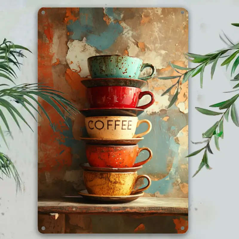 1pc Vintage Style Stacked Coffee Cups Foil Engraving Aluminum Sign Decorative Wall Art for Home Farm
