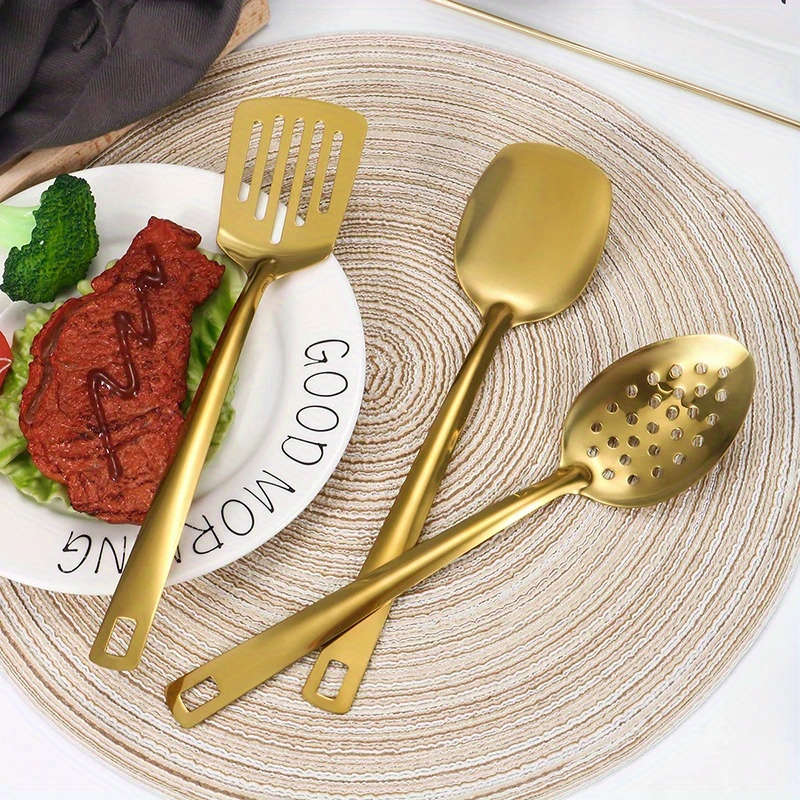 6pcs Gold-Plated Stainless Steel Kitchen Utensil Set Includes Soup Spoon Colander Frying Sh