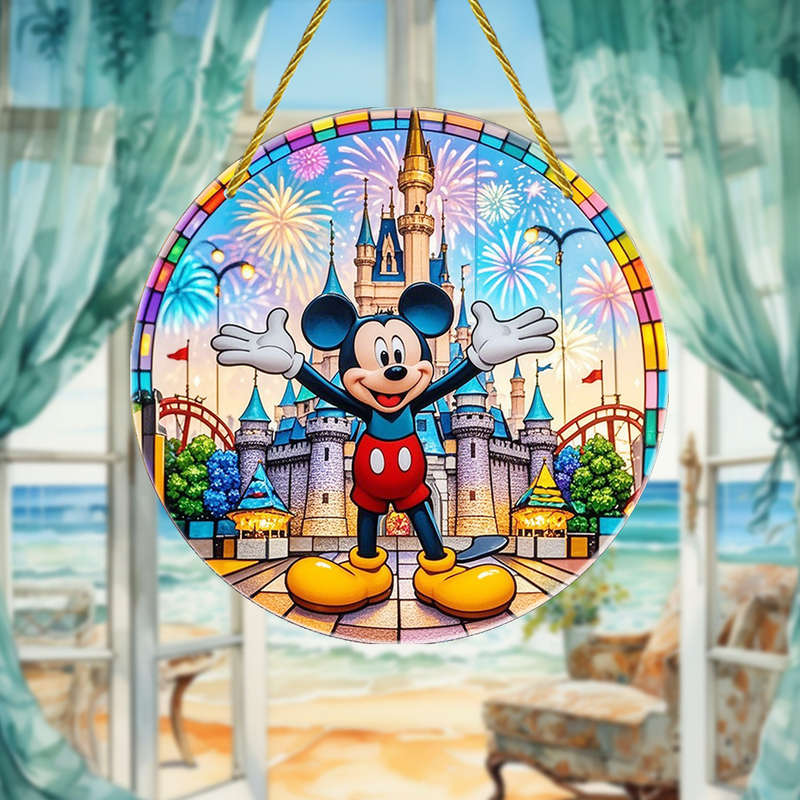 1pc 2D Flat  Gardening Light Catcher Mickey Theme Round Acrylic Suncatcher 5.91x5.91 Inch Staine