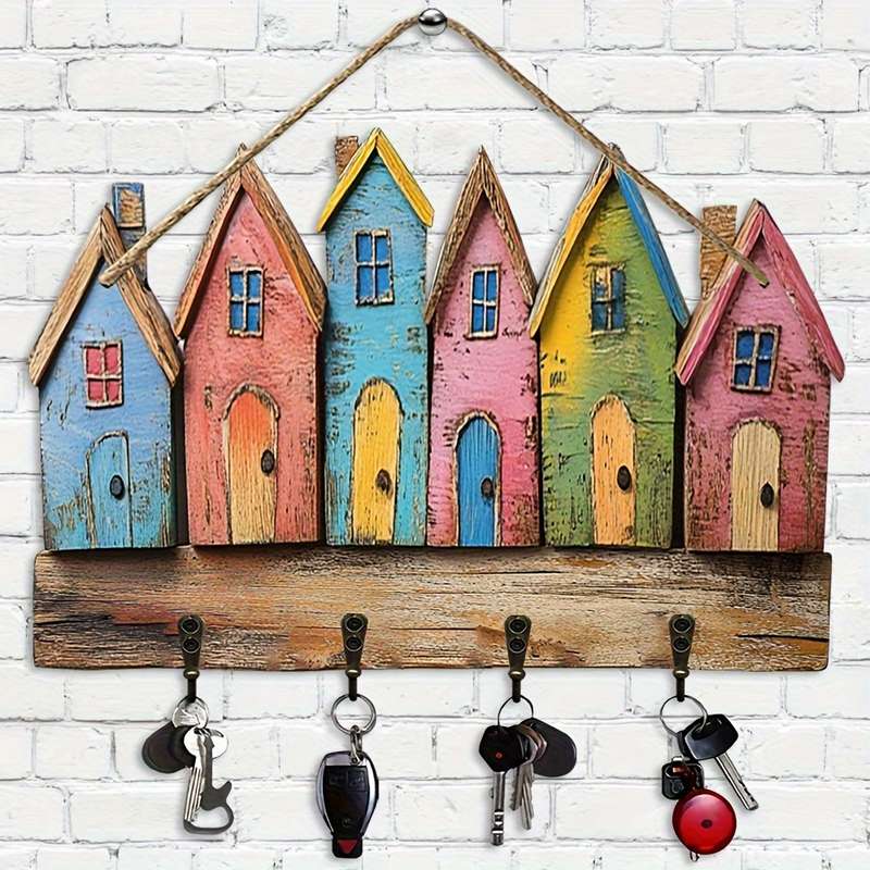 2D Flat 1 Charming Country Scene Key HangerColorful Wooden Wall Hanger with 4 Metal Hooks Perfe