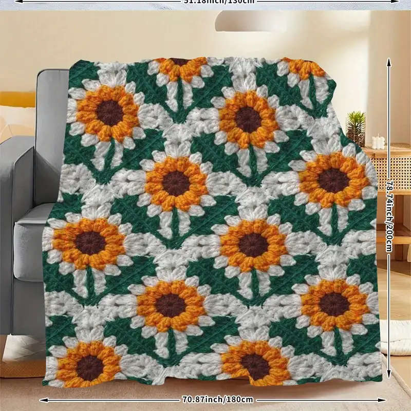 1pcs Improved Sunflower Crochet Plaid Design Print Blanket 180*220CM