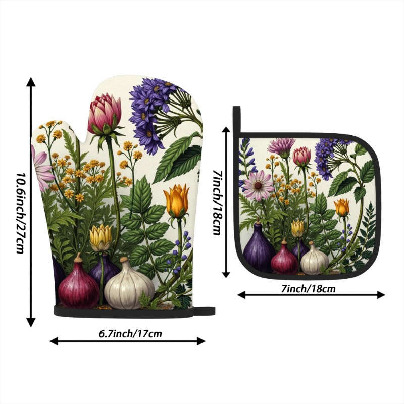 2pcs Watercolor Floral Polyester Oven Mitts Heat Resistant Woven Potholders for Kitchen Decor