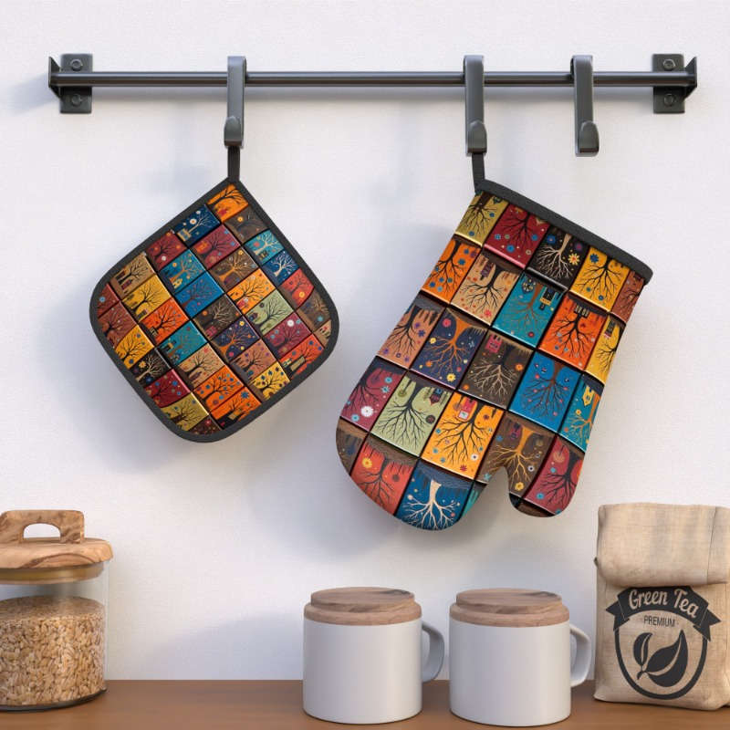 2pcs Colorful Tree Art Heat Resistant Oven Mitts and Pot Holders 26.92x17.02 cm Vibrant Patc