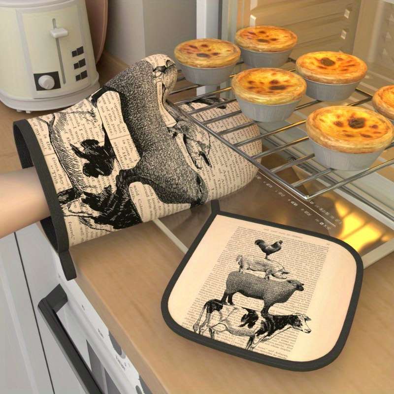 2pcs Vintage Farmhouse Kitchen Set 26.92x17.02 cm Oven Mitts Pot Holders with Chicken Pig