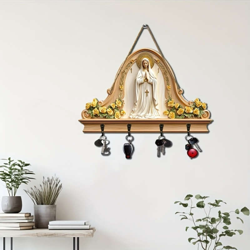 A Simple And Colorful Wooden Key Holder Featuring a Religious Prayer Equipped with Four Metal Hooks