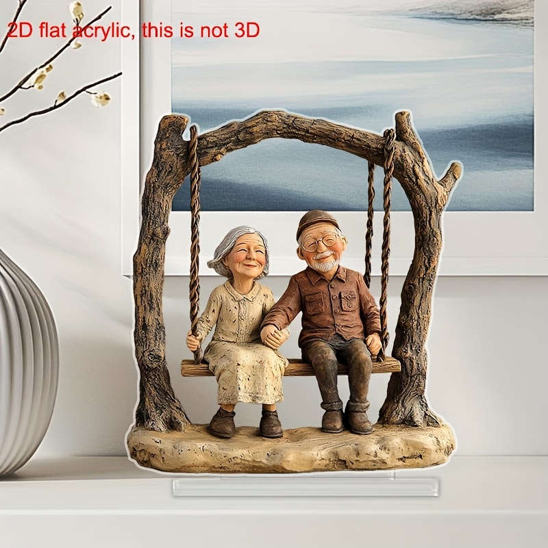 1pc 2D Flat  Acrylic  Acrylic Elderly Couple on Swing Decorative Statue Bohemian Style Tab