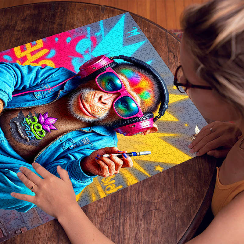 1000pcs Jigsaw Puzzle Trendy Monkey with Headphones Vibrant Graffiti Art Advanced