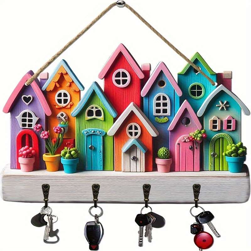 An enchanting piece a simple colorful wooden and household key holder with four metal hooks 30.0cm