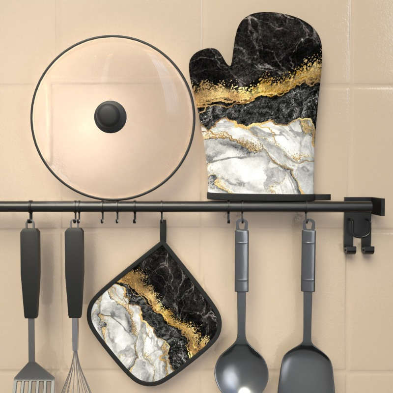 2pcs Marble Pattern Oven Mitt Set 26.92x17.02 cm Heat Resistant Polyester Kitchen Gloves and